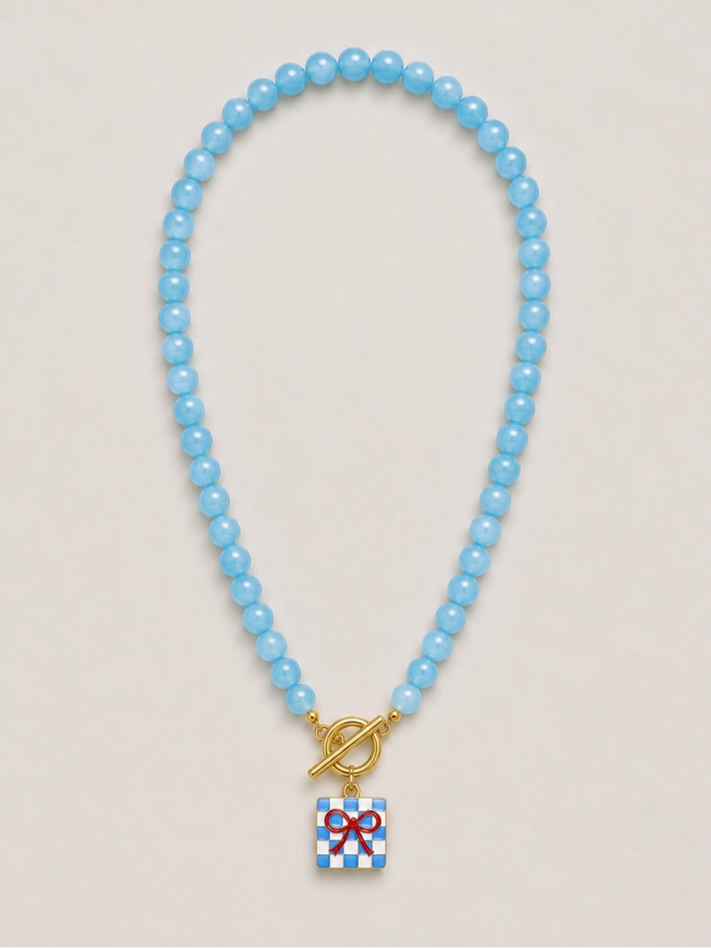 New! Blue Beaded Checkered Bow Pendant Necklace (4017) NWOT